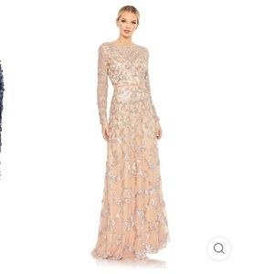 Mac Duggal 2 Embellished Illusion High Neck Long Sleeve A Line Maxi in Blush NWT